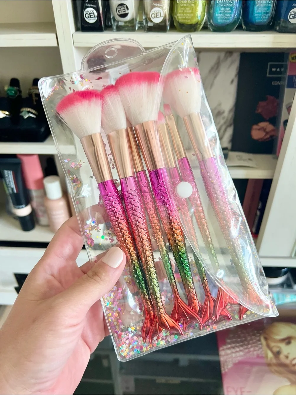 7 Pc Mermaid Tail Makeup Brush Set Ombre Pink Green Cosmetic Tools Confetti NEW